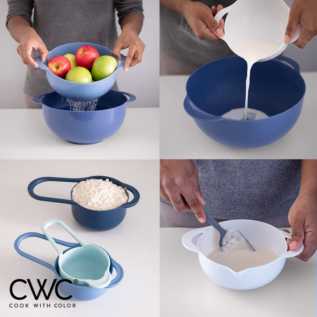 Nesting Bowls with Measuring Cups Colander and Sifter Set - Includes Mixing Bowls, Colander, Sifter and Measuring Cups, Blue Ombre, 8 Pc Bowl