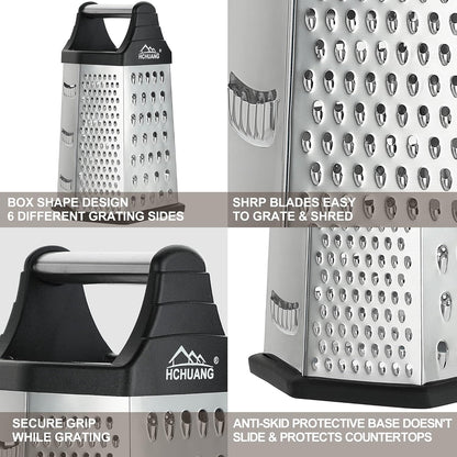 Professional Box Grater,Nonstick Coating Stainless Steel with 6 Sides - Vegetable Chopper, Kitchen Cutter, Shredder for Cheese & Vegetables (6-In-1)