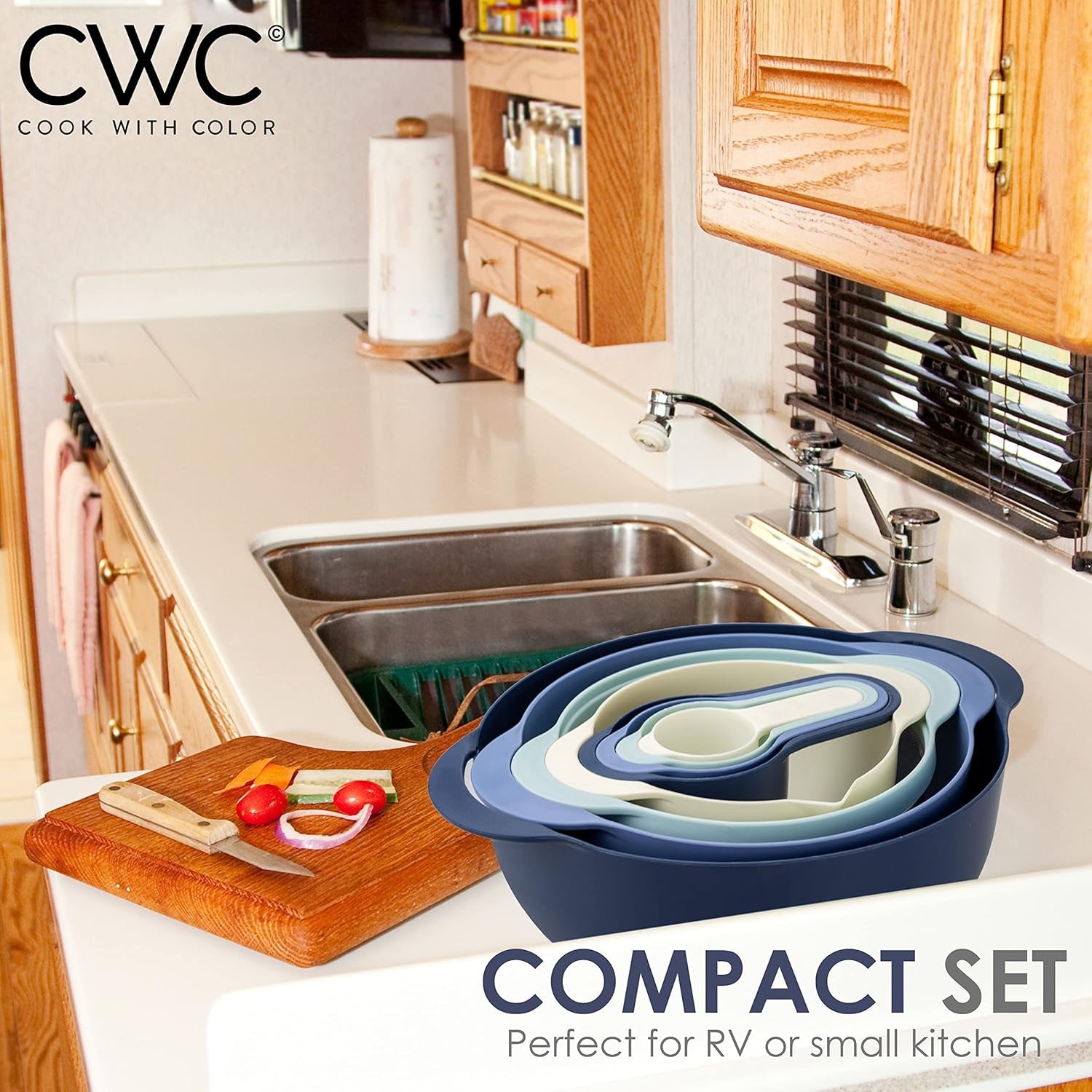 Nesting Bowls with Measuring Cups Colander and Sifter Set - Includes Mixing Bowls, Colander, Sifter and Measuring Cups, Blue Ombre, 8 Pc Bowl