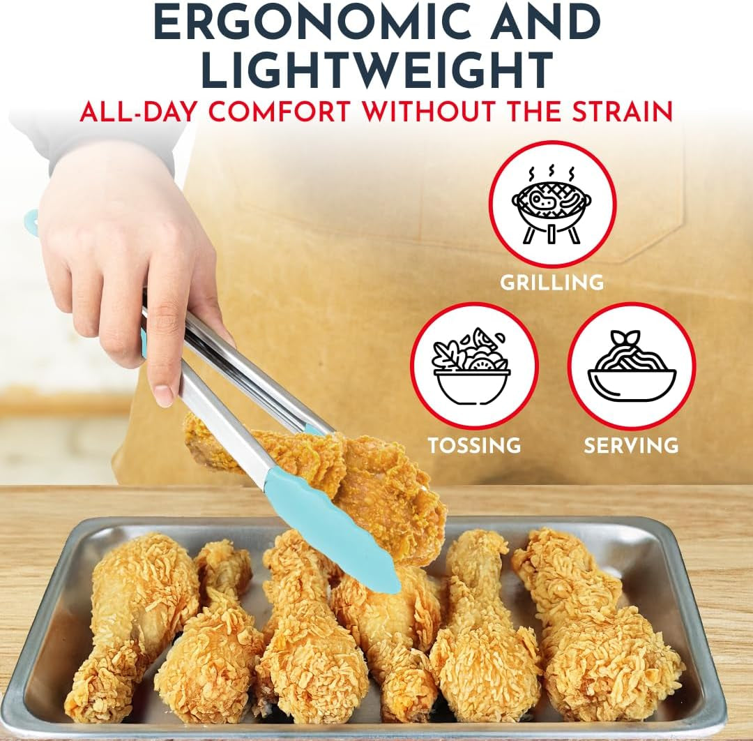 Kitchen Tongs for Cooking with Silicone Tips, Heat Resistant Tongs for Serving Food, 7-Inch, 9-Inch, 12-Inch Locking Silicone Tong, Set of 3 Salad Tong, Aqua Kitchen Utensils