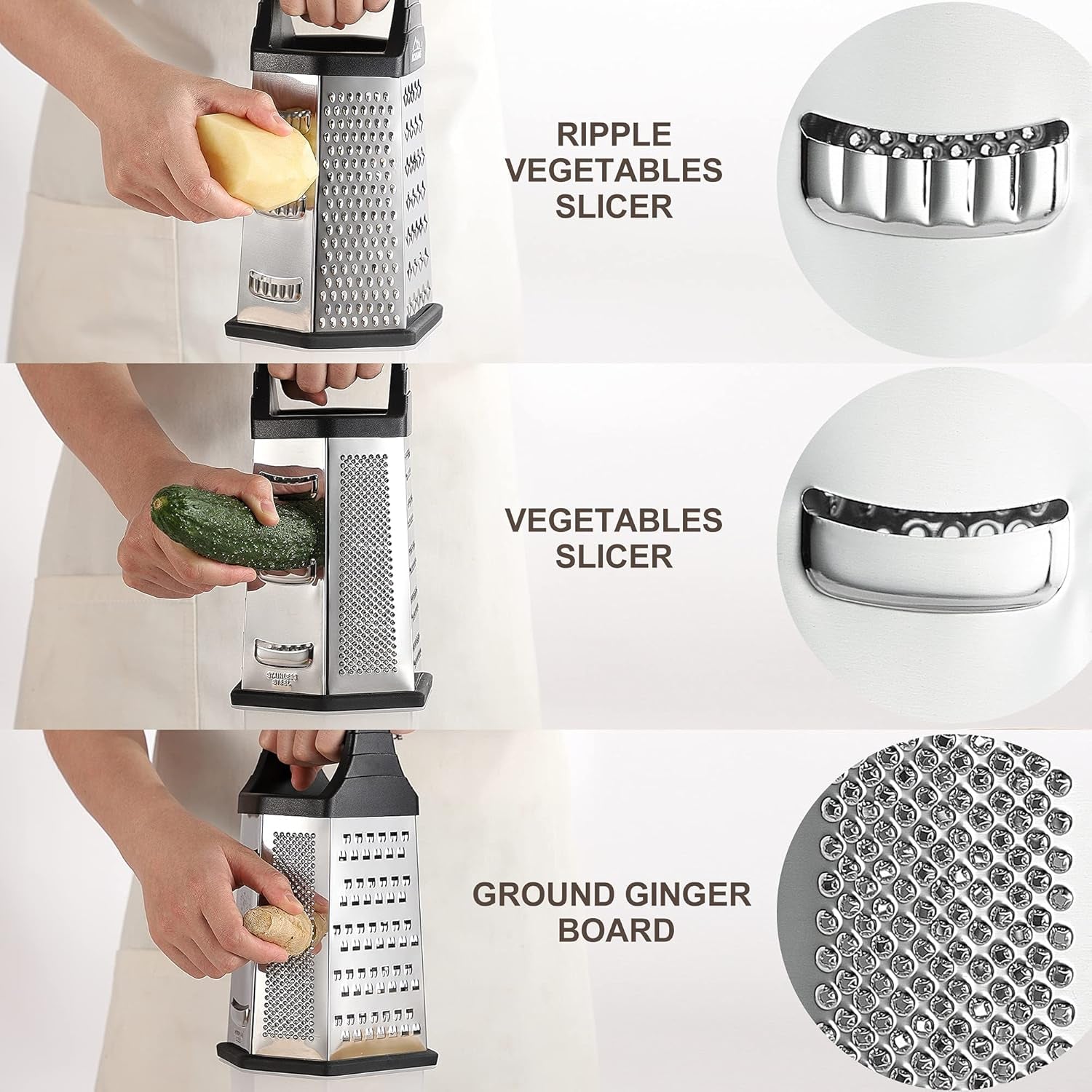 Professional Box Grater,Nonstick Coating Stainless Steel with 6 Sides - Vegetable Chopper, Kitchen Cutter, Shredder for Cheese & Vegetables (6-In-1)