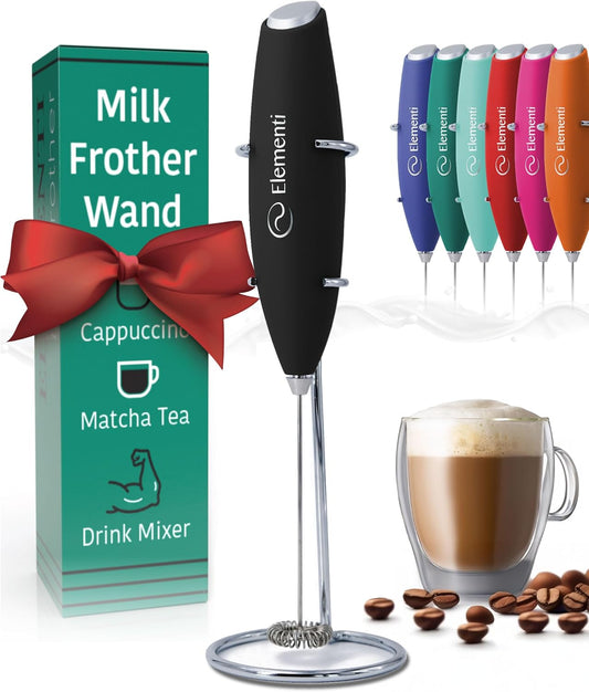 Milk Frother Wand & Electric Stirrer with Stand - Turbo Coffee & Milk Frother Handheld - Hand Held Coffee Mixer Wand & Cold Foam Maker for Frothy Cappuccinos, Lattes & Drink Mixes at Home (Black)