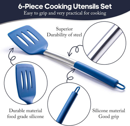 Silicone Kitchen Utensils Set -  6-Pieces Blue Silicone Cooking Utensils Set for Nonstick Cookware - Stainless Steel Handle