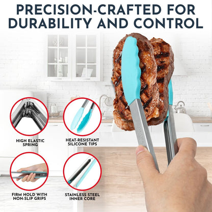Kitchen Tongs for Cooking with Silicone Tips, Heat Resistant Tongs for Serving Food, 7-Inch, 9-Inch, 12-Inch Locking Silicone Tong, Set of 3 Salad Tong, Aqua Kitchen Utensils