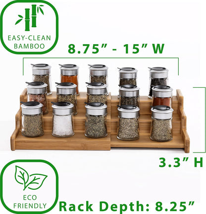 Bamboo Premium Wood 3-Tier Step Shelf Spice & Seasoning Storage Rack Organizer, for Kitchen, Cabinet, Countertop, Pantry, Bathroom, Salon, Bamboo, Expandable 8.5" - 15" W