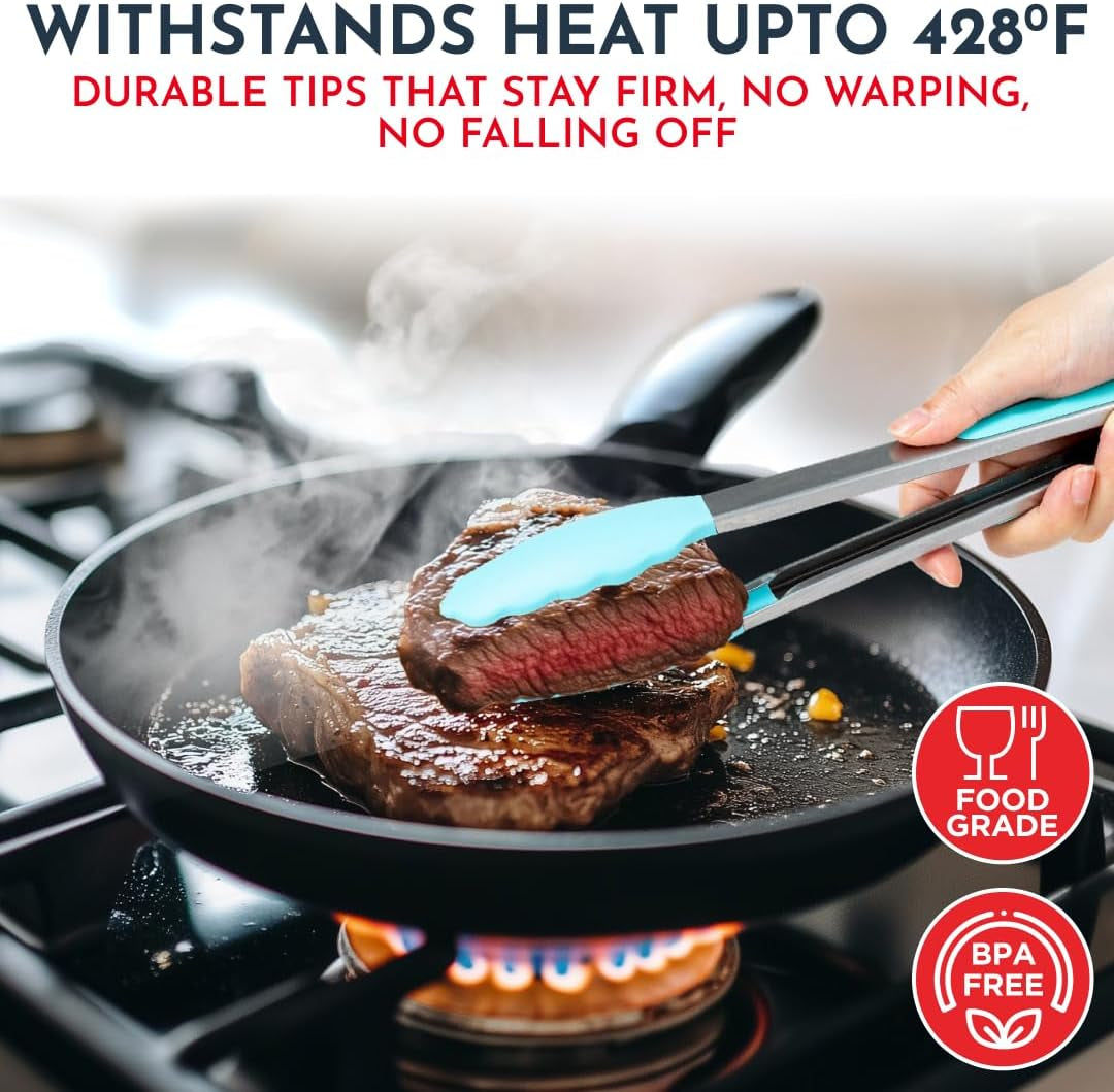 Kitchen Tongs for Cooking with Silicone Tips, Heat Resistant Tongs for Serving Food, 7-Inch, 9-Inch, 12-Inch Locking Silicone Tong, Set of 3 Salad Tong, Aqua Kitchen Utensils