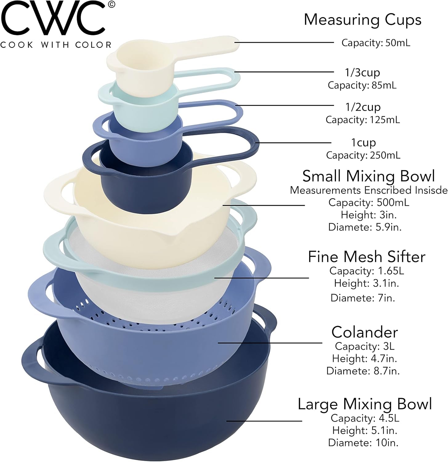 Nesting Bowls with Measuring Cups Colander and Sifter Set - Includes Mixing Bowls, Colander, Sifter and Measuring Cups, Blue Ombre, 8 Pc Bowl