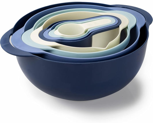 Nesting Bowls with Measuring Cups Colander and Sifter Set - Includes Mixing Bowls, Colander, Sifter and Measuring Cups, Blue Ombre, 8 Pc Bowl